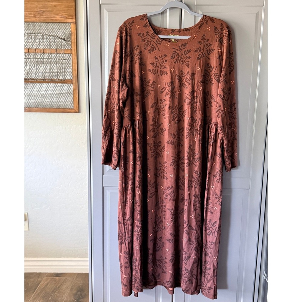 Gudrun Sjoden Womens Judit Botanical Leaf Jersey Lagenlook Midi Dress, Brown,XL